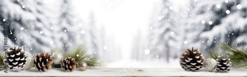 Christmas decorations, christmas tree toys on a wooden table top with a view of the snowy nature ©  AKA-RA