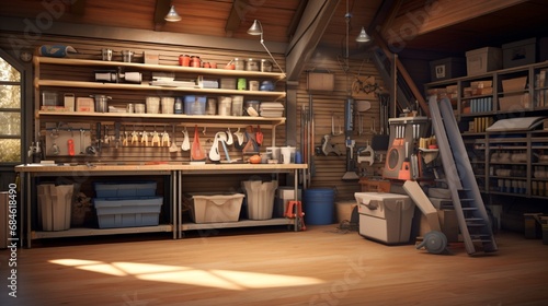 A well-organized garage with labeled storage bins, tools, and a clean workspace.