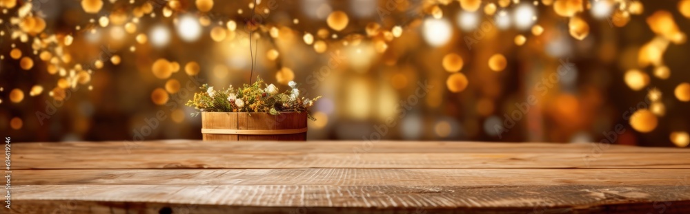 Fototapeta premium Wooden table top on the background of Christmas lights. Bright festive banner, New Year background
