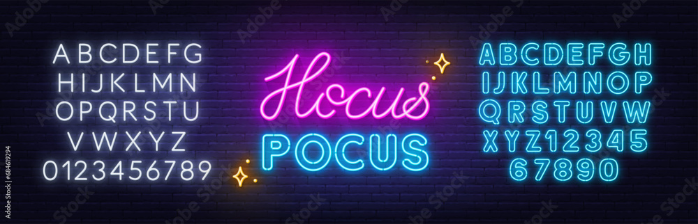 Hocus Pocus  neon lettering on brick wall background