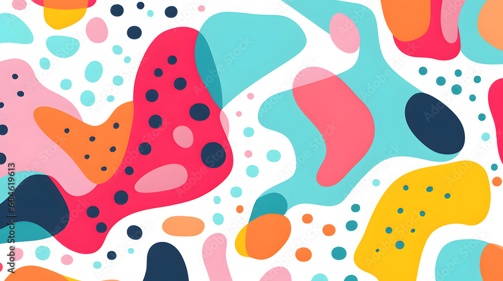 Abstract organic shape seamless pattern with colorful geometric doodles. Flat cartoon background, simple random shapes in bright childish colors. generative ai.