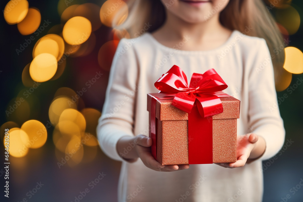 Child holding present gift box with red ribbon