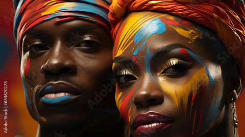 Colorful woman afro girl portrait body paint on face creative makeup Black History Month