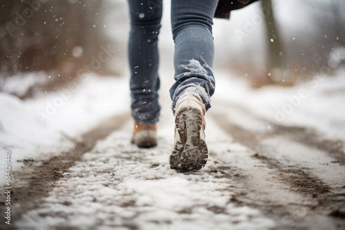 Woman's legs in snow walking