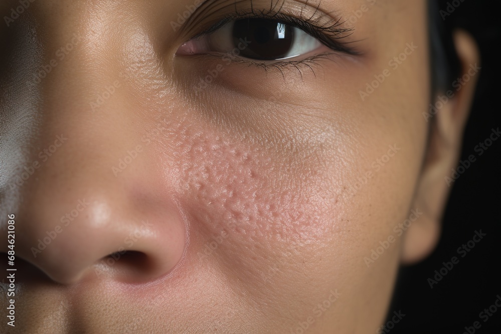 Woman with atopic eczema, close-up on cheek face, skin problem	

