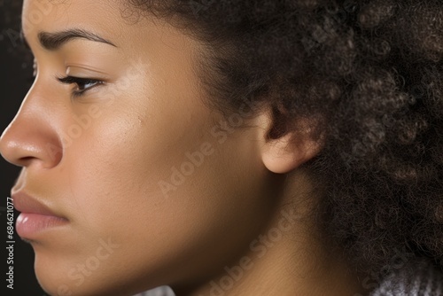 Woman with atopic eczema, close-up on cheek face, skin problem	
 photo