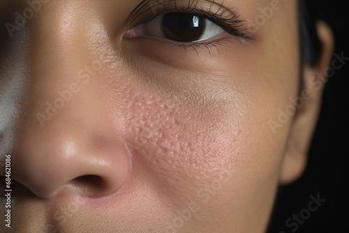 Woman with atopic eczema, close-up on cheek face, skin problem	
 photo