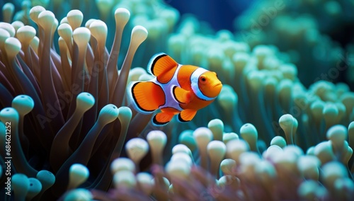 Clownfish swimming among anemones at the bottom of the sea. Generative AI © Deivison