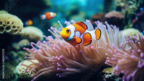 Clownfish swimming among anemones at the bottom of the sea. Generative AI