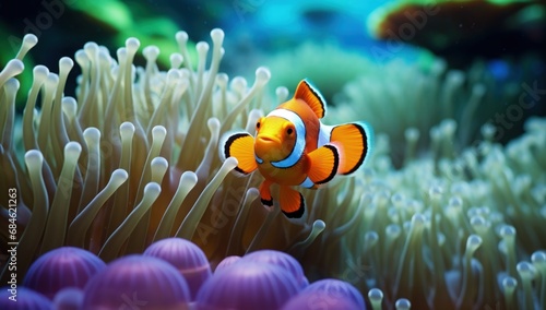 Clownfish swimming among anemones at the bottom of the sea. Generative AI © Deivison