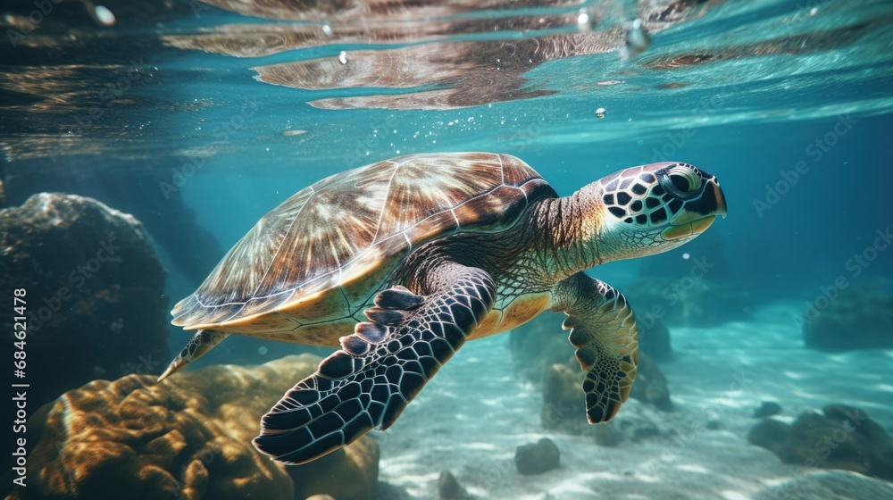 Sea turtle swimming in the ocean, underwater life. Generative AI Sea turtle swimming in the ocean, underwater life. Generative AI
