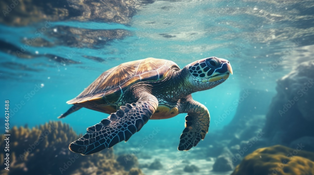 Fototapeta premium Sea turtle swimming in the ocean, underwater life. Generative AI