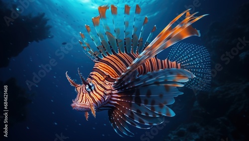 Illustration of a lion fish in a coral reef. Generative AI