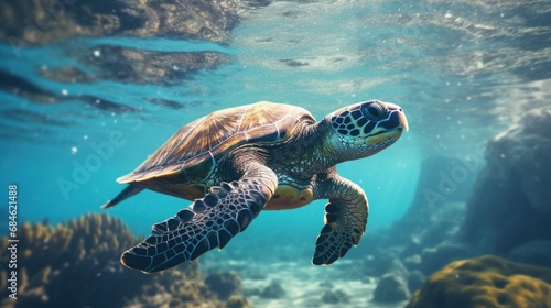 Sea turtle swimming in the ocean, underwater life. Generative AI