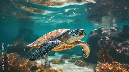 Sea turtle swimming in the ocean, underwater life. Generative AI © Deivison