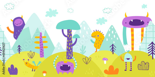 Surreal landscape panorama with colorful monsters. Abstract bottom border with strange creatures.