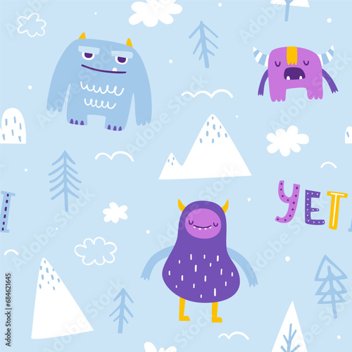 Nordic pattern with cute yeti. Seamless scandinavian vector print with sleeping doodle yeti for kids.