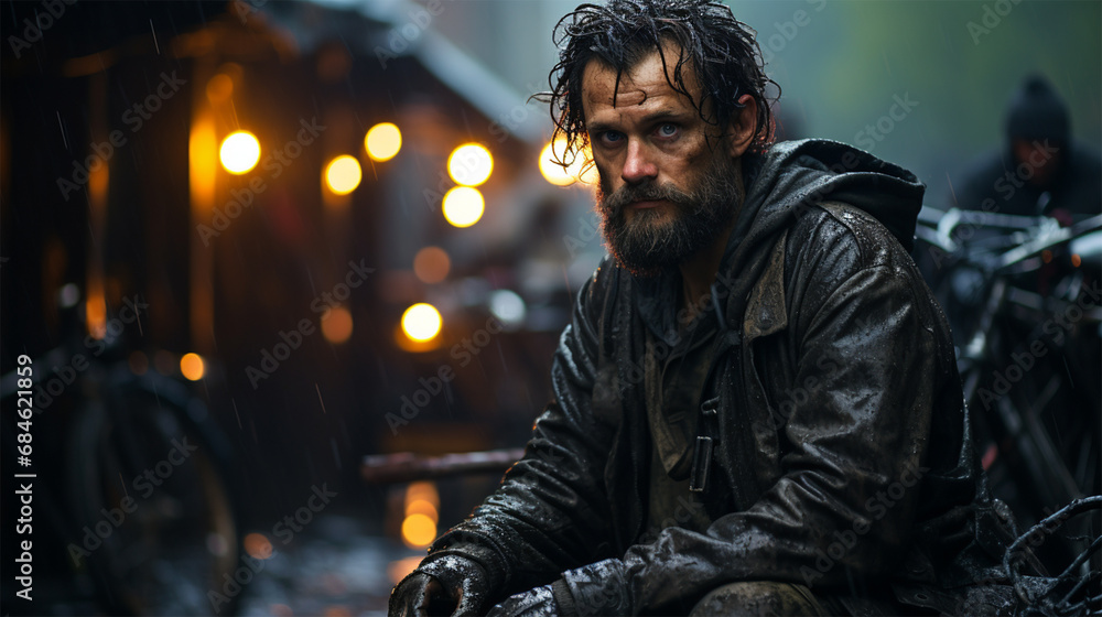 portrait of a bearded lonely homeless man on a rainy day on the street. concept of helping the disadvantaged and victims of natural disasters.  - obrazy, fototapety, plakaty 