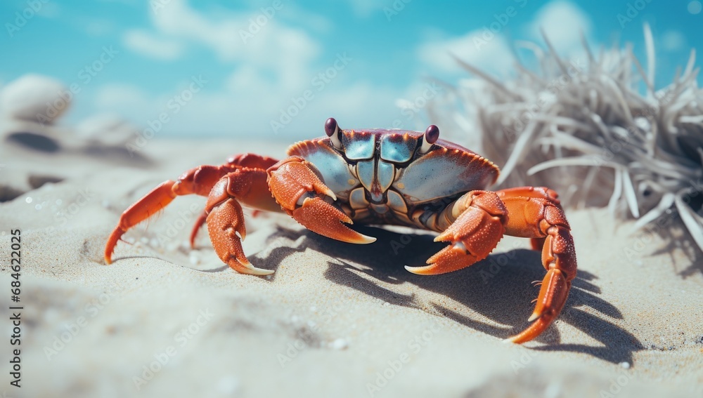 Crab on the beach sand, sea in the background. Generative AI Crab on the beach sand, sea in the background. Generative AI