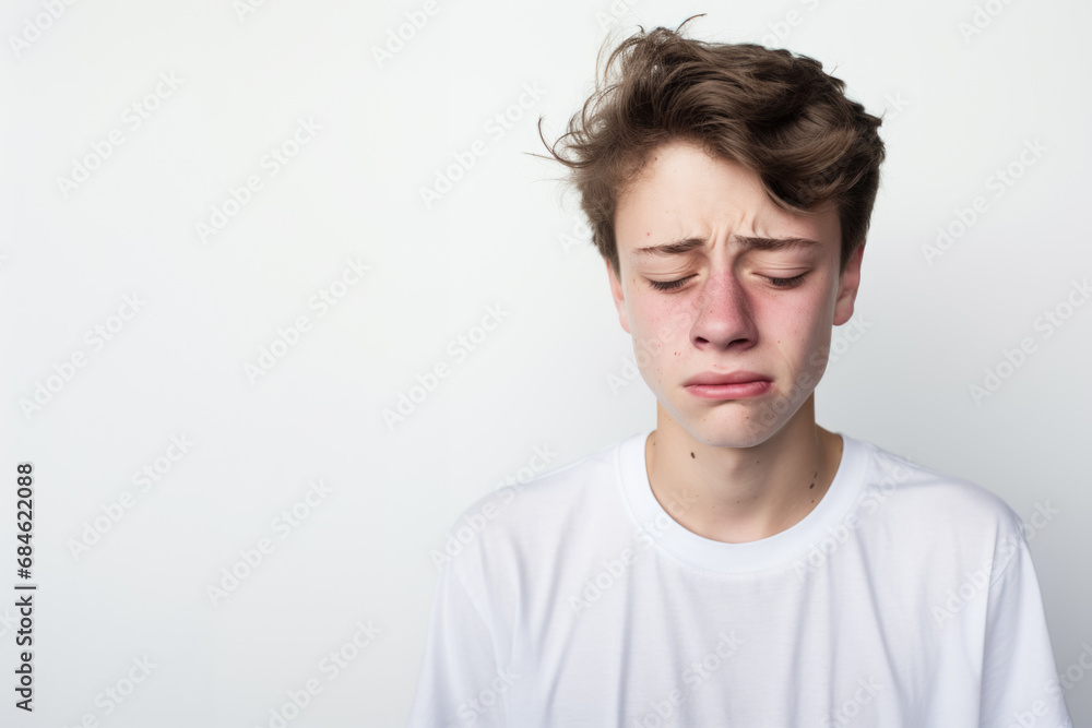 Portrait of a good looking teenager, boy, crying, white and neutral teeshirt and background, sadness Portrait of a good looking teenager, boy, crying, white and neutral teeshirt and background, sadness