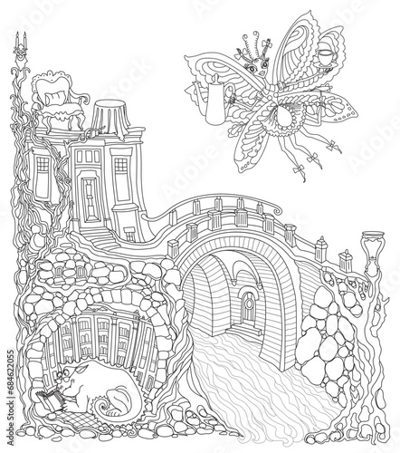Fairy tale old medieval town, underground shelter for dragon family. Butterfly barista serves coffee pot and cups to table on terrace. Adults coloring book page