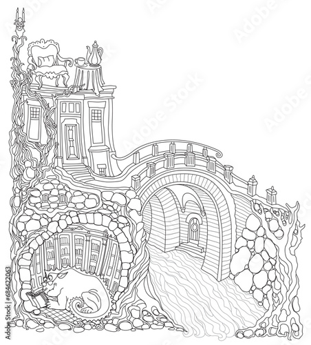 Fairy tale Dragon in the old medieval cave, safe underground shelter for dragon family with library furniture. Adults coloring book page