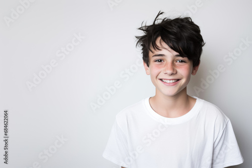 Portrait of a good looking teenager, boy, smiling, white and neutral teeshirt and background, joy