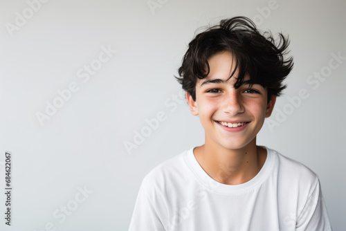 Portrait of a good looking teenager, boy, smiling, white and neutral teeshirt and background, joy photo