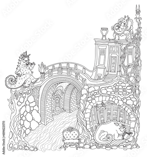 Fairy tale Dragon apartment in the old medieval town. Father Dragon reads a book in the library, mother drinks coffee, child watches tablet. Adults coloring book page