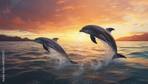 Dolphins jumping out of the water  sunset in the background. Generative AI
