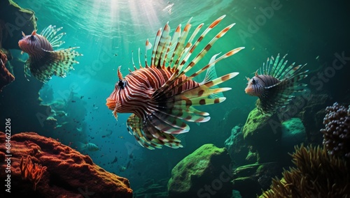 Illustration of a lion fish in a coral reef. Generative AI © Deivison