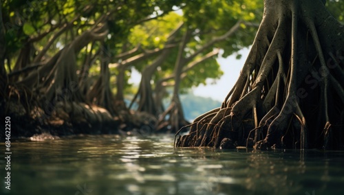 Mangrove trees and roots on the water surface. Generative AI photo