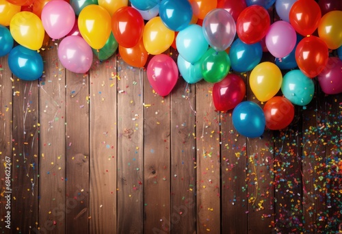 Colorful balloons and confetti on wooden background, festive decoration concept. Generative AI