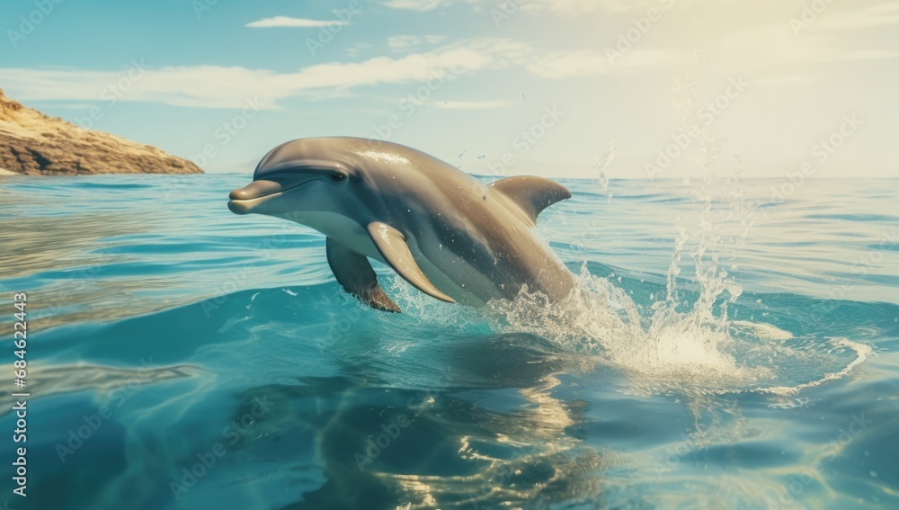 Beautiful dolphins swimming over the ocean. Generative AI