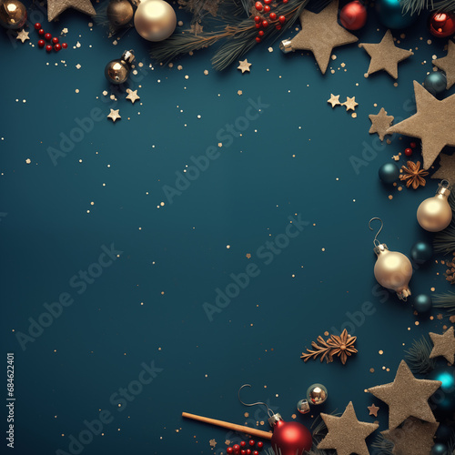 Christmas and New Year background with stars and Christmas balls on green background. Christmas greeting card. Created using generative ai tools.