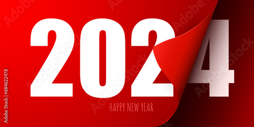 Happy New Year 2024 greeting card design template. Calendar page turns over.