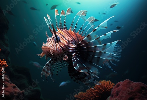 Illustration of a lion fish in a coral reef. Generative AI