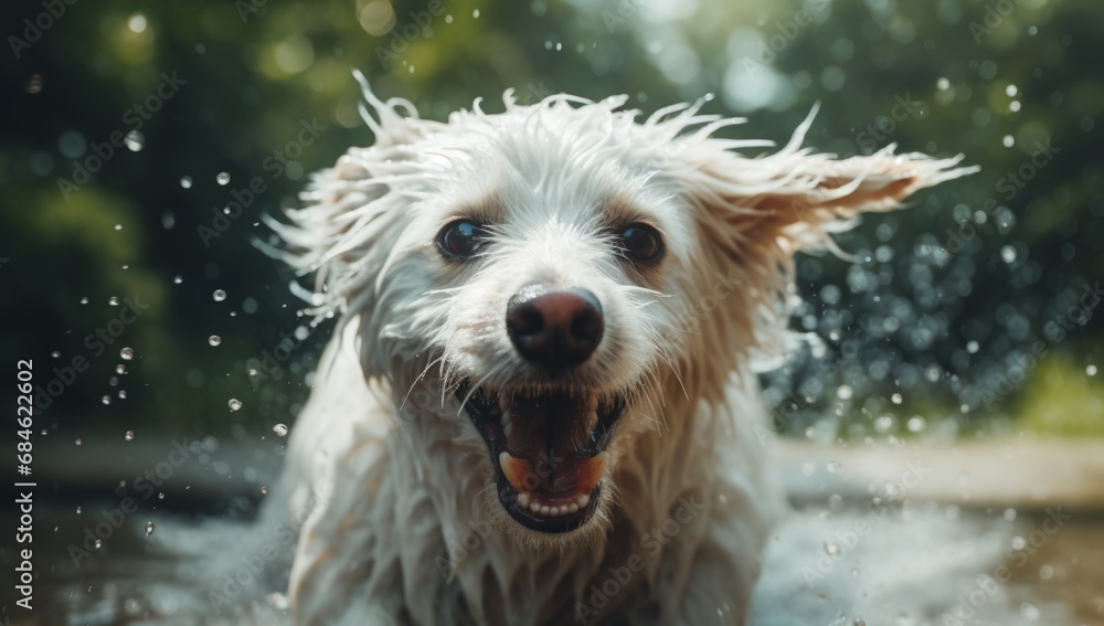 Wet dog running and splashing water, bokeh background. Generative AI Wet dog running and splashing water, bokeh background. Generative AI