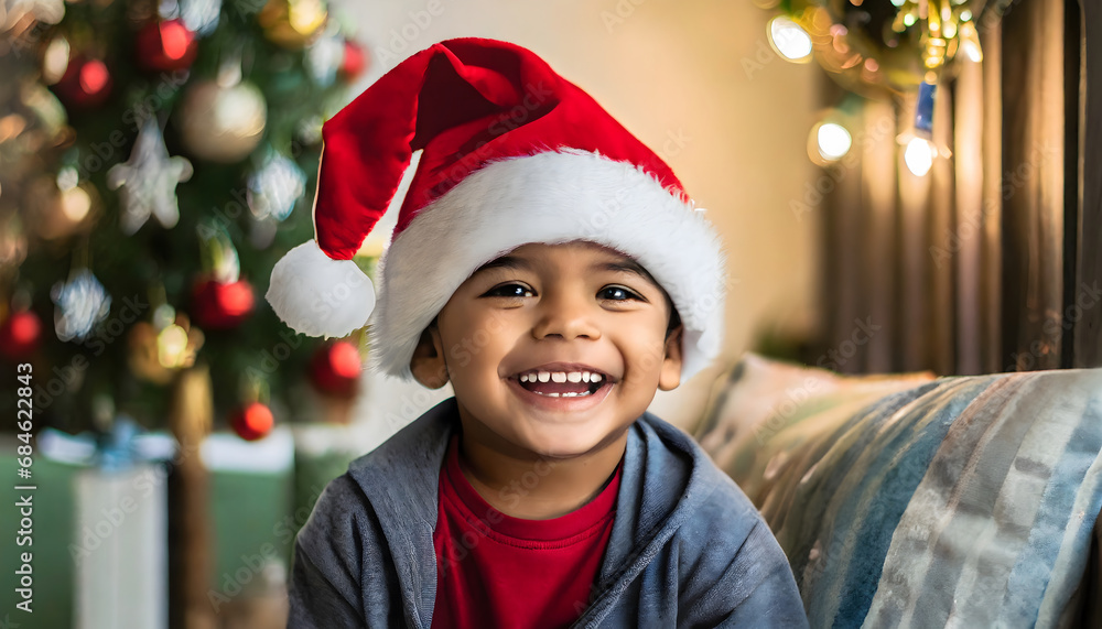 baby boy smiling with santa hat next to the christmas tree baby boy smiling with santa hat next to the christmas tree