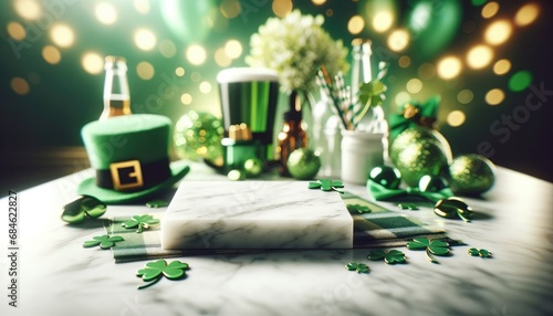 St. Patrick's Day scene with a softly blurred background highlighting festive elements like hats, clovers, and green decorations. The scene features an empty white granite surface in the foreground photo