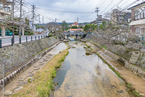 SHIMANE, JAPAN - FEB 21, 2023: Street view of Tamatsukuri-Onsen in Mihonoseki, Matsue City, Shimane Prefecture, Japan.