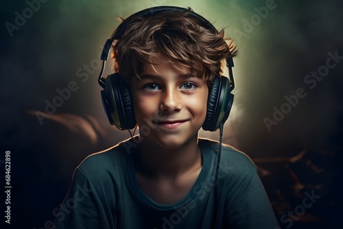 Teen boy playing video games with a headset photo