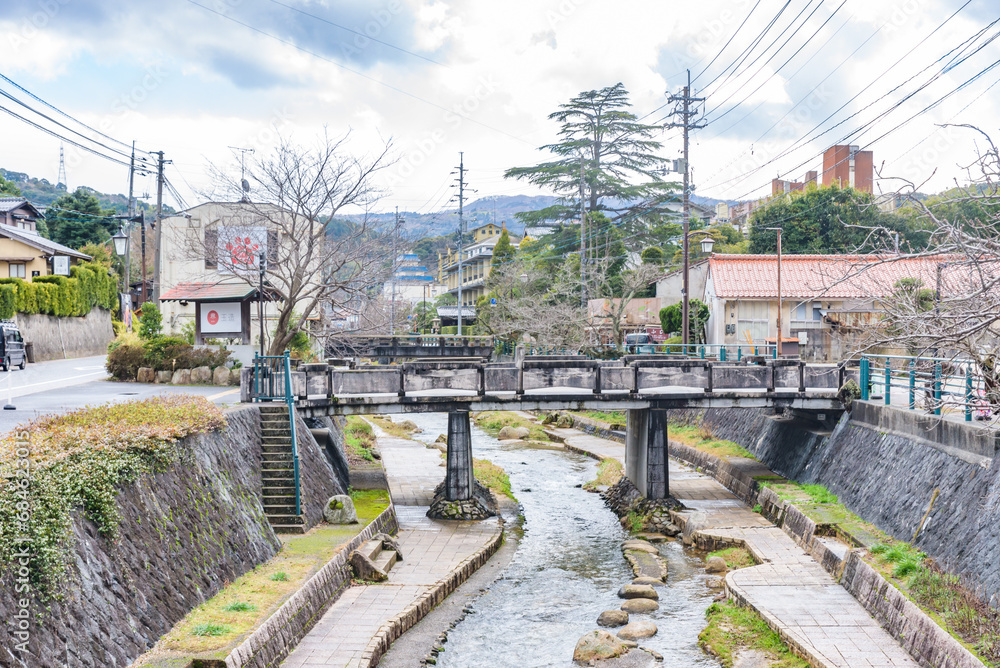 SHIMANE, JAPAN - FEB 21, 2023: Street view of Tamatsukuri-Onsen in Mihonoseki, Matsue City, Shimane Prefecture, Japan.