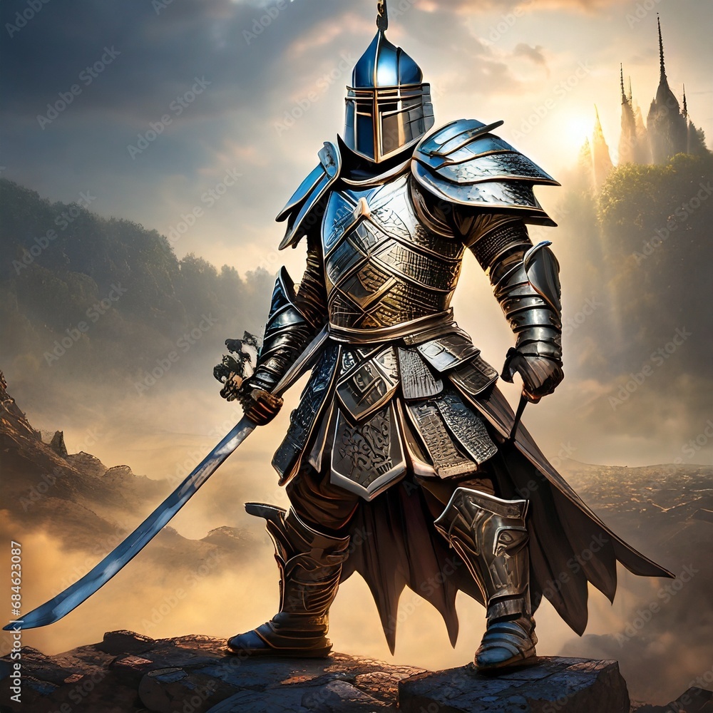 Obraz premium A heroic statue of a warrior, ready for battle, clad in gleaming armor and wielding a sword, standing defiantly against a backdrop of a war-torn battlefield.