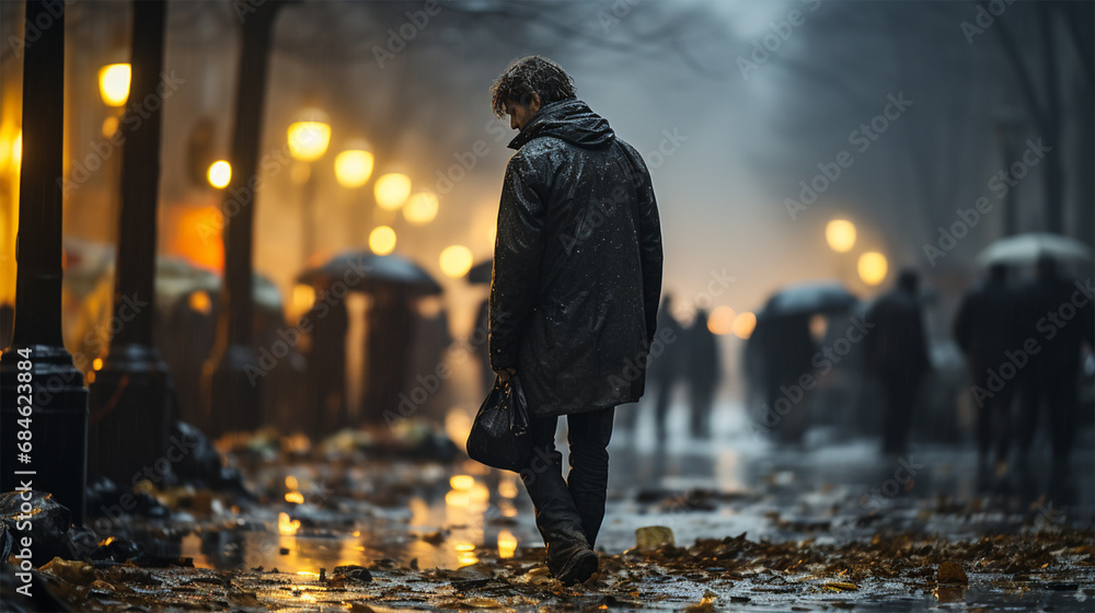 A lonely homeless man walks on the street on a rainy day. The concept of helping the disadvantaged and victims of natural disasters - obrazy, fototapety, plakaty 