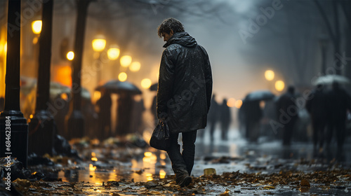 A lonely homeless man walks on the street on a rainy day. The concept of helping the disadvantaged and victims of natural disasters