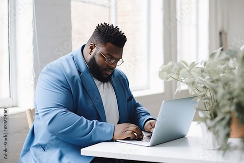 elegant fat black man with glasses ,plus-size, manager, in a blue business suit sitting at a desk with a laptop in a modern office, the concept of diversity