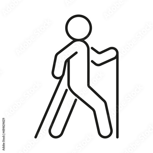 Nordic walking, trekking, line icon. Person walk with sticks, poles. Accessible sport activities for health. Vector sign