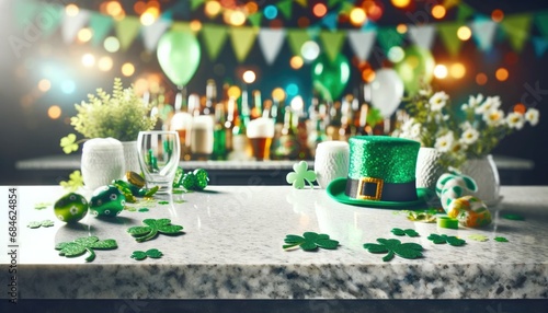 St. Patrick's Day scene with a softly blurred background highlighting festive elements like hats, clovers, and green decorations. The scene features an empty white granite surface in the foreground