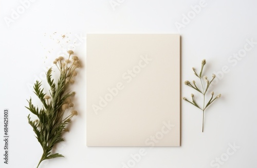 a beige blank card with plants on a white background